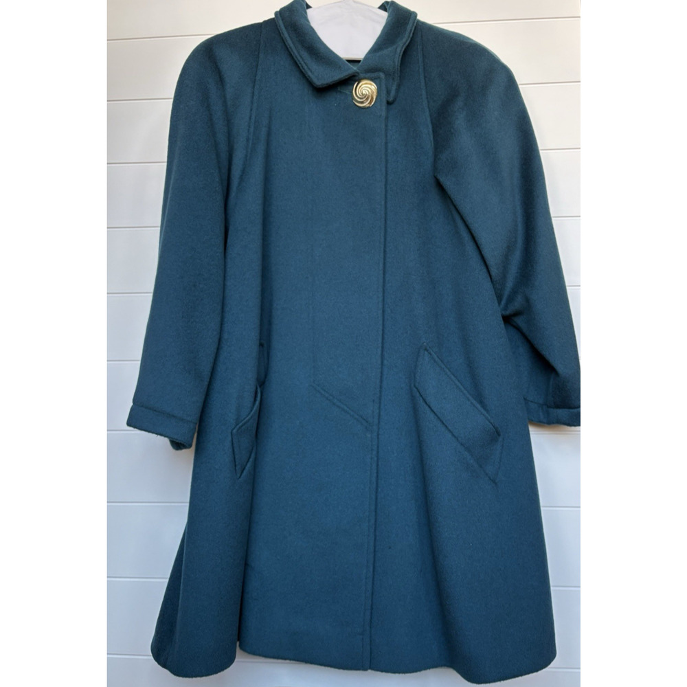 Vintage John Weitz Wool Overcoat Teal Gold Button Draped Scarf Collar Poland 12 - Picture 4 of 16